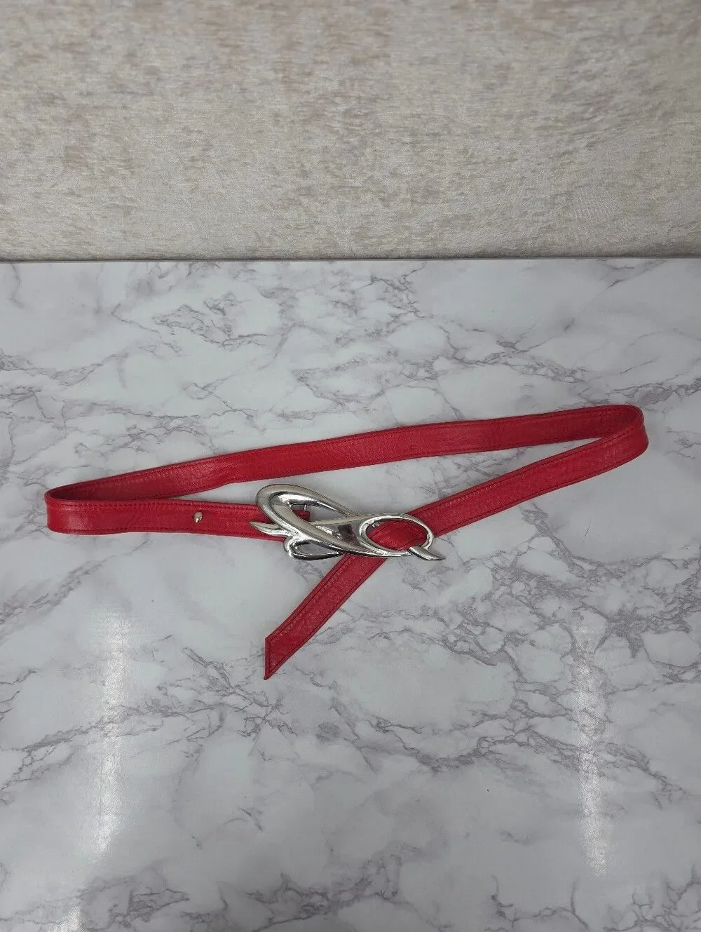 Vintage 80s Red Leather Belt with Silver Tone Etheral Knot Buckle